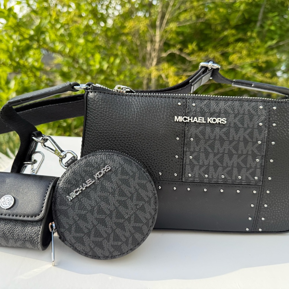 Michael Kors Small Crossbody With Tech Attached Black Patch work Leather Bag